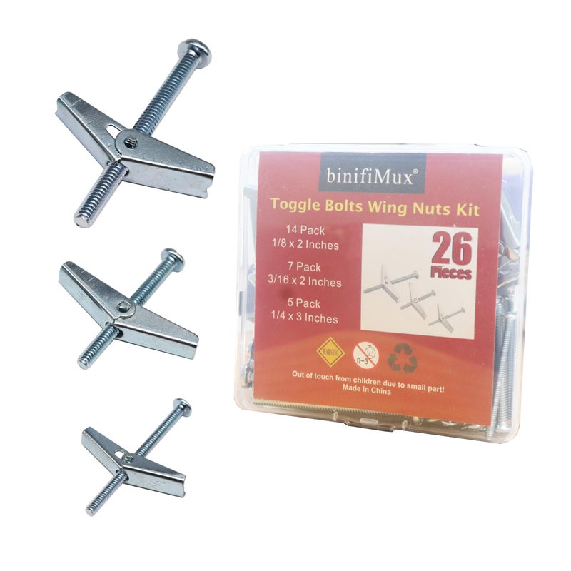 binifiMux 26 Pieces Toggle Bolt and Wing Nut Assortment Kit for Drywall Hanging Heavy Items 1/8" 3/16" 1/4" - Image 1